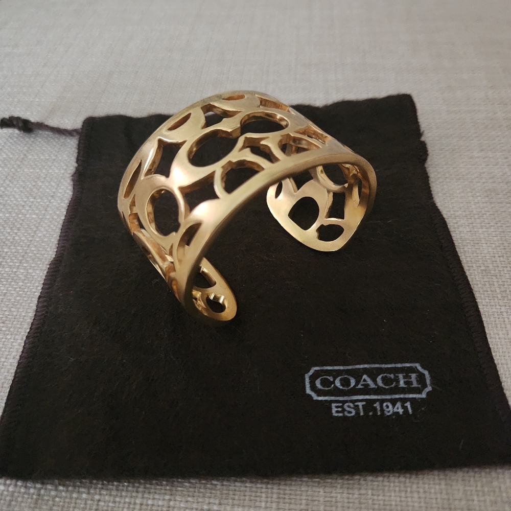 Rare Vintage Coach Gold Signature Monogram Cuff Bangle With Dust Bag - Picture 2 of 11